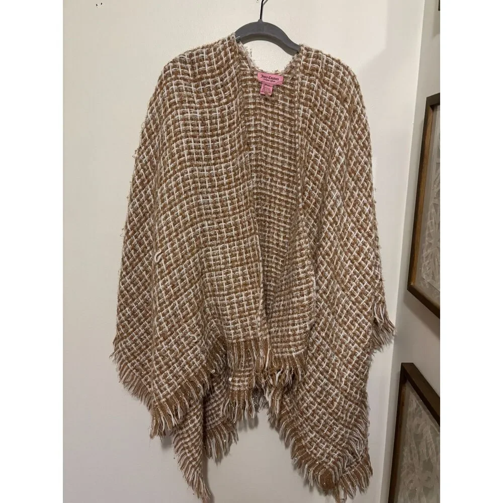 Juicy Couture Tweed Poncho Wrap Fringe Boho Cozy Neutral OS Luxe Casual Chic - Picture 3 of 7